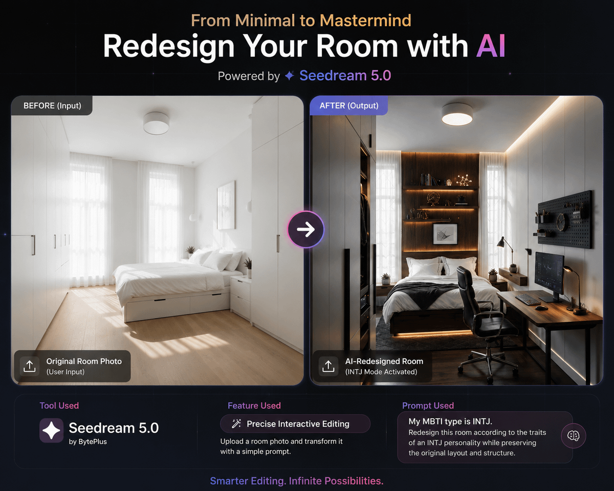 hey_mujeebahmed's tweet photo. This started as a simple bedroom photo.
One prompt later:

"Redesign this room for an INTJ personality."

The result feels like the same room, just optimized for a completely different person.

AI-generated interiors might become my new favorite use case.

Built with Seedream 5.0 on BytePlus Lumina.

Enterprises and Developers can access the official API via BytePlus, and you can also use it directly on BytePlus Lumina.

@BytePlusGlobal @lumina_ai_aiart 

Try it here: https://t.co/Ng7S7f9VgP