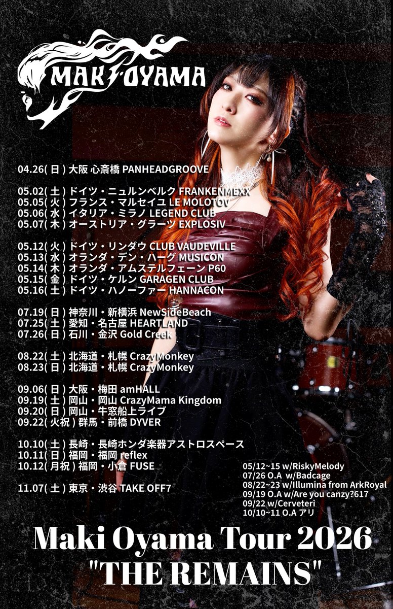 MakiOyamaStaff's tweet photo. 大山まき TOUR 2026「THE REMAINS」

石川県編〜帰還〜
7/26日)金沢Gold Creek
開場16:00 開演16:30
先行物販 15:00   
前売🎫4500円
O.A：Badcage

チケット発売中🎫
https://t.co/blw4nQyJoO
終演後アフターパーティーあり⛩️ https://t.co/otlGqCycXr