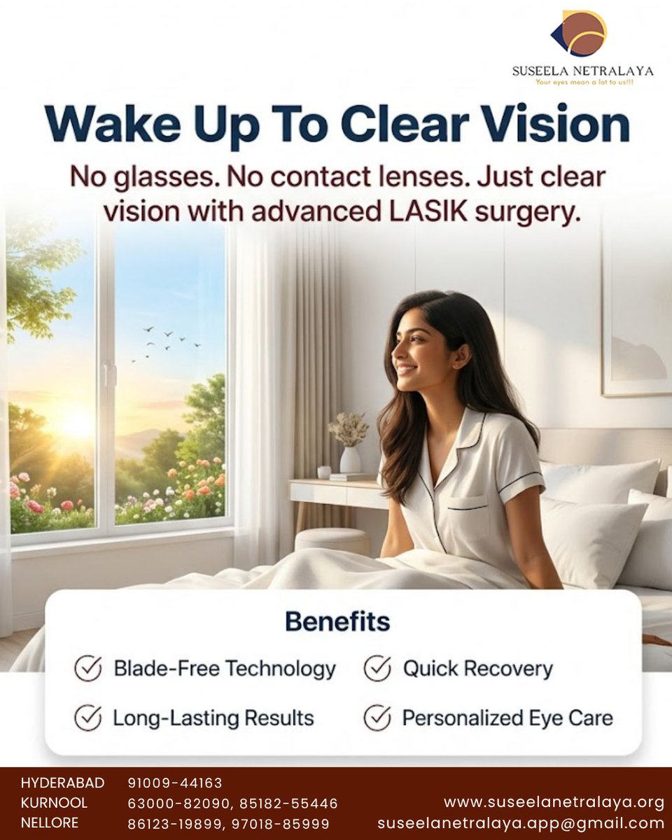SuseelaNetrala1's tweet photo. 👁️ Wake up to clear vision!

✨ Advanced LASIK Surgery at Suseela Netralaya
✔️ Blade-Free
✔️ Quick Recovery
✔️ Long-Lasting Results
✔️ Personalized Eye Care

Book your consultation today!

#LASIK #EyeCare #ClearVision #SuseelaNetralaya #VisionCorrection https://t.co/yaBgc86BjC