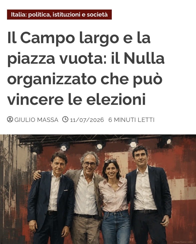 in_oltre's tweet photo. La piazza semivuota di Napoli ha mostrato tutti i limiti del Campo Largo: nessun popolo comune, nessun leader riconosciuto e divisioni insanabili sui principali nodi politici, a partire dal riarmo. Eppure, tra la scissione vannacciana e le difficoltà della destra, questa alleanza potrebbe persino vincere. Resta una domanda: chi governerebbe, dopo la vittoria del Nulla?

Giulio Massa su InOltre. Il link nel primo commento