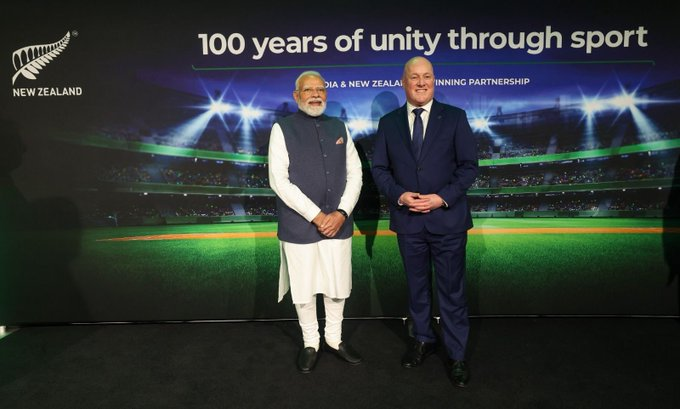 KNSKashmir's tweet photo. #KNSUPDATE || Sports have always been a strong bridge between India and New Zealand. This year, we are also marking a century of vibrant sporting ties. In Auckland, PM Luxon and I attended a Sporting Showcase, where we saw a range of cutting-edge sporting innovations. It was wonderful to see how technology and creativity are shaping the future of sports while bringing our two nations even closer: PM @narendramodi