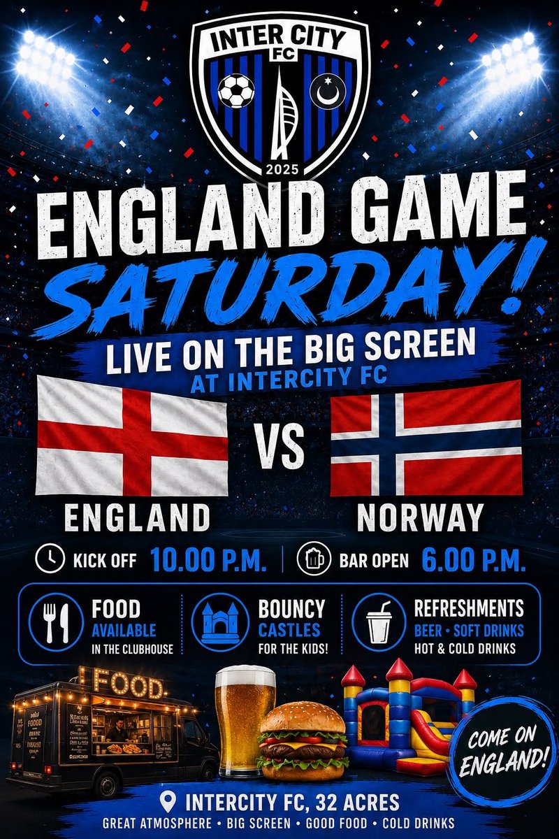 Inter_City_FC's tweet photo. Inter City FC are showing England vs Norway live on the big screen at 32 Acres - bars open, great atmosphere and good food https://t.co/OEqF6cdIdR