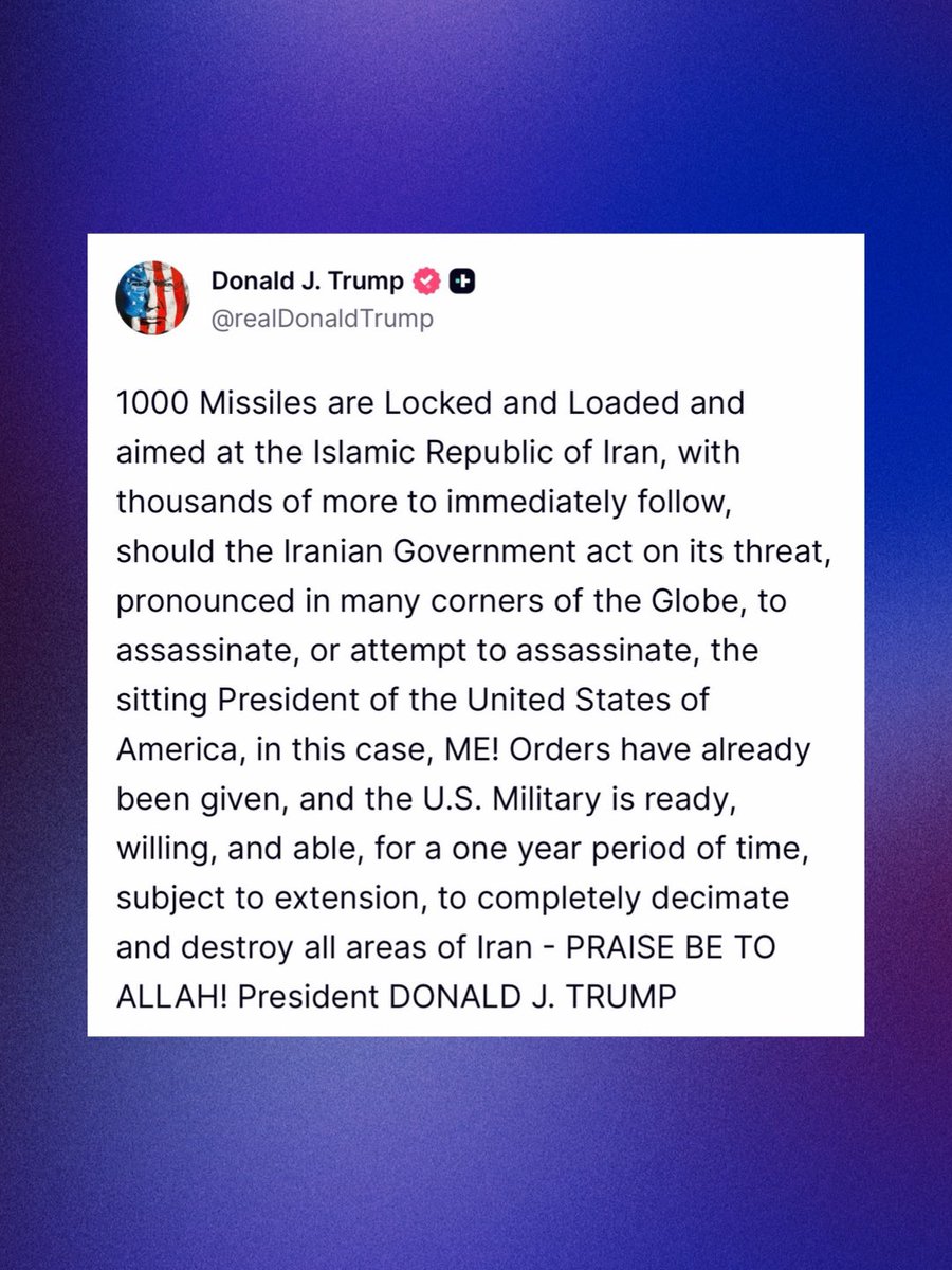 PopBase's tweet photo. Donald Trump says 1000 missiles are ready to strike Iran if they assassinate him:

“Orders have already been given, and the U.S. Military is ready, willing, and able, for a one year period of time, subject to extension, to completely decimate and destroy all areas of Iran” https://t.co/fXRNQyqGrK