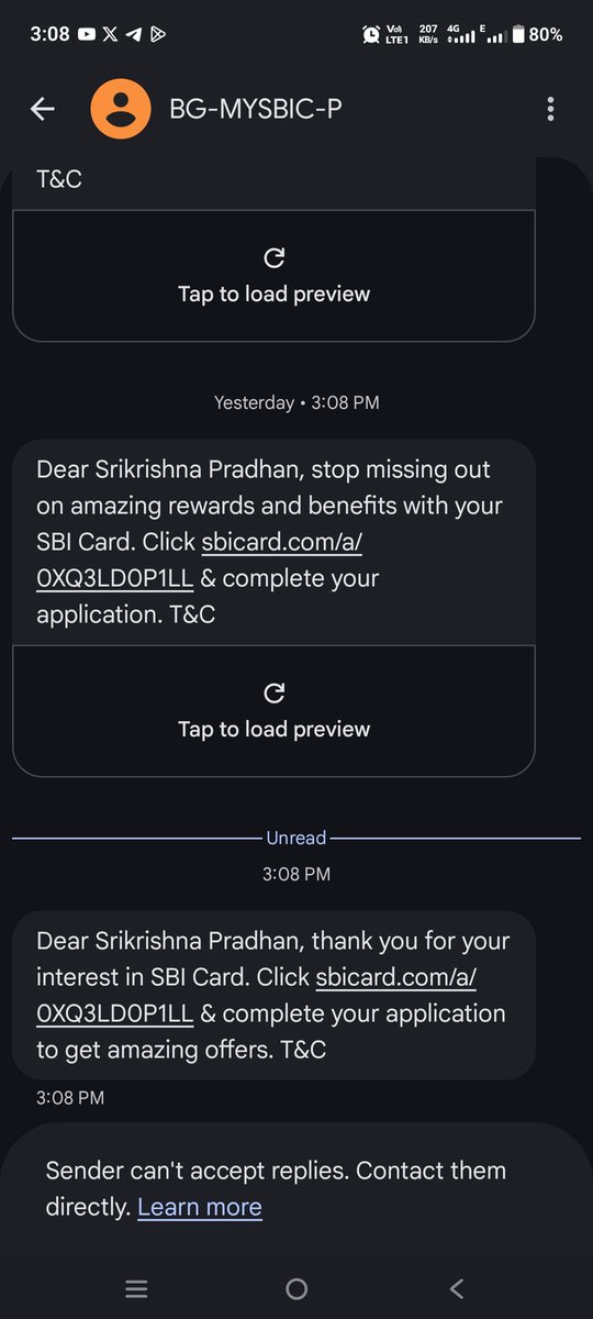 psrikrishna80's tweet photo. Hey you have already rejected my application, then why are you unnecessarily sending me hundreds of SMS, daily? @SBICard_Connect https://t.co/t0u81NJZG4