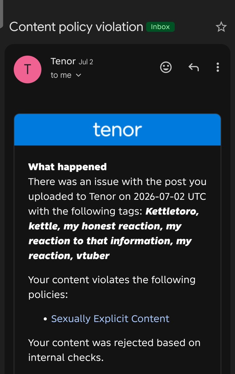RenDoing's tweet photo. I just saw this on my email saying that this kettletoro gif I posted on Tenor got rejected because it was too "sexual" And I was like "HOW??? 😭" https://t.co/TnoPBCuivi