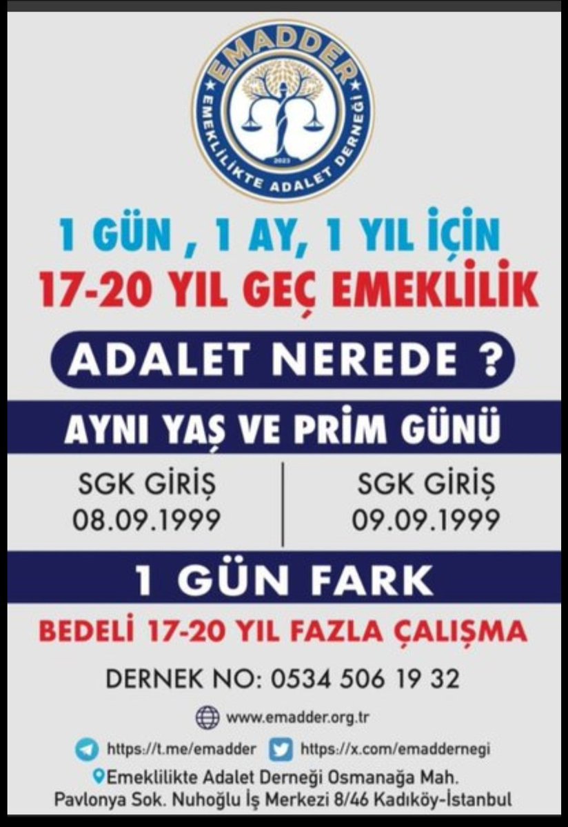ecznazanguneysu's tweet photo. 1 gün farkla 17-20 yıl geç emeklilik olur mu?

08.09.1999 SGK girişi olanla 09.09.1999 girişi olan arasında sadece 1 gün var; ama bedeli 17-20 yıl fazla çalışma!
Aynı yaş, aynı prim günü…

Peki adalet nerede?
Emeklilikte adalet istiyoruz.

 #EmeklilikteAdalet #EMADDER
#KademeÇözümdür
@EmadDernegi