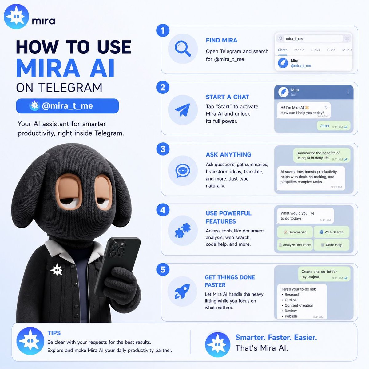 loner_OTF's tweet photo. How to Use Mira AI on Telegram 🧠👇

You don't need to leave Telegram to get AI assistance anymore

Getting started with @mira_t_me only takes a few steps:

🔹 Search for @mira_t_me on Telegram and tap Start

🔹 Ask questions naturally, whether you need explanations, summaries, brainstorming, translations, or writing help

🔹 Take advantage of advanced features like document analysis, web search, and coding assistance, all within your chat

🔹 Save time by letting Mira handle repetitive tasks so you can focus on what matters most

The best AI tools are the ones that fit into apps you already use, and Mira brings that experience directly to Telegram

Have you tried using AI inside Telegram yet? What do you use it for most? 👇

#MiraInTelegram