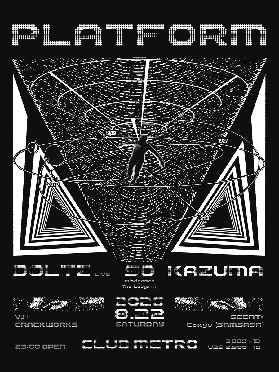 metro_kyoto's tweet photo. 【8/22(土) 世界のアンダーグラウンドを横断する SO × DOLTZ、京都METRO「platform」へ。】

Berghain、Tresor、Bassiani──世界のフロアを巡る2組が京都へ。8月の「platform」に現在進行形で世界のアンダーグラウンドシーンを横断する2組が登場。

LIVEにはDOLTZ。
テクノ、アンビエント、ノイズを横断する独自のライブセットで、Bassiani、The Bunker New York、Future Terrorなど国内外の重要パーティーへ出演。Tobias.とのアルバム『VERSUS』やDJ NobuとのユニットOmega Pointなど、現在の日本テクノシーンを代表するライブアクトの一人として世界的な評価を高め続けている。

SOは国内屈指の野外フェス「The Labyrinth」のレジデントDJ兼オーガナイザー。
Berghain、Tresor、De School、Draaimolen、Waking Lifeなどヨーロッパの主要クラブ／フェスティバルへ出演し続ける、日本を代表するストーリーテラー。一晩を一本の物語として描くロングセットは世界中のダンスフロアで高い評価を受けている。

そして関西のシーンより圧倒的な支持を誇るレジデンツDJ KAZUMAを始め、CRACKWORKSによるヴィジュアルエフェクト、Cokyu(SAMSASA)による香りの演出が加わり、音、映像、香りが交差する深夜のプラットフォームへ。

緻密なストーリーテリングと圧倒的な没入感を誇るロングジャーニーを体験してほしい。
https://t.co/ofz1wKO2dv

----------------------
platform
@京都CLUB METRO

2026年8月22日(土)
23:00 open

door : ¥3,000+1D
U-23：¥2,500+1D

LIVE:
DOLTZ

DJ :
SO (Mindgames / The Labyrinth)
KAZUMA

VJ :
CRACKWORKS

Scent:
Cokyu (SAMSASA)

Flyer Design:
MPF

メトロweb:
https://t.co/TsUT7T9gu8