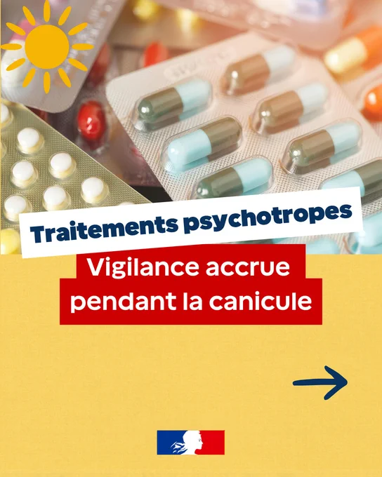 Affiche d'information en français, montrant plusieurs plaquettes de médicaments avec des comprimés et des gélules colorées sur fond jaune. En haut à gauche, un dessin de soleil pour symboliser la chaleur. Texte au centre : « Traitements psychotropes » et « Vigilance accrue pendant la canicule ». En bas, un petit drapeau tricolore français.