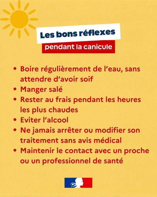 Affiche d'information sur fond jaune intitulée "Les bons réflexes pendant la canicule". En haut à gauche, un dessin de soleil. Liste de conseils en rouge : Boire régulièrement de l’eau sans attendre d’avoir soif, manger salé, rester au frais pendant les heures les plus chaudes, éviter l’alcool, ne jamais arrêter ou modifier son traitement sans avis médical, maintenir le contact avec un proche ou un professionnel de santé. En bas, logo du gouvernement français.