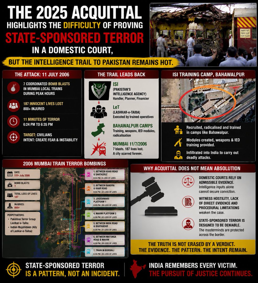 _Huzaifa_Irshad's tweet photo. While the 2025 acquittal shows the difficulty of proving state-sponsored terror in court, the intelligence linking the plot to Pakistan remains irrefutable.#PakTerrorHub
#ISIBehindMumbaiBlasts.
#MumbaiBombing2006 https://t.co/8nQJ4GdThw