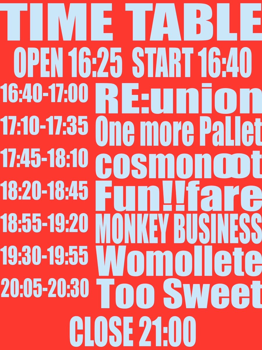 info_fuzz's tweet photo. 【 本日の公演 】

2026.7.11(土)
《 392 BULL! US FES 》

⏰OPEN 16:25 / START 16:40
🎫TICKET FREE(＋1drink￥600要)

ご来場お待ちしております‼️ https://t.co/doLoUxmGh4