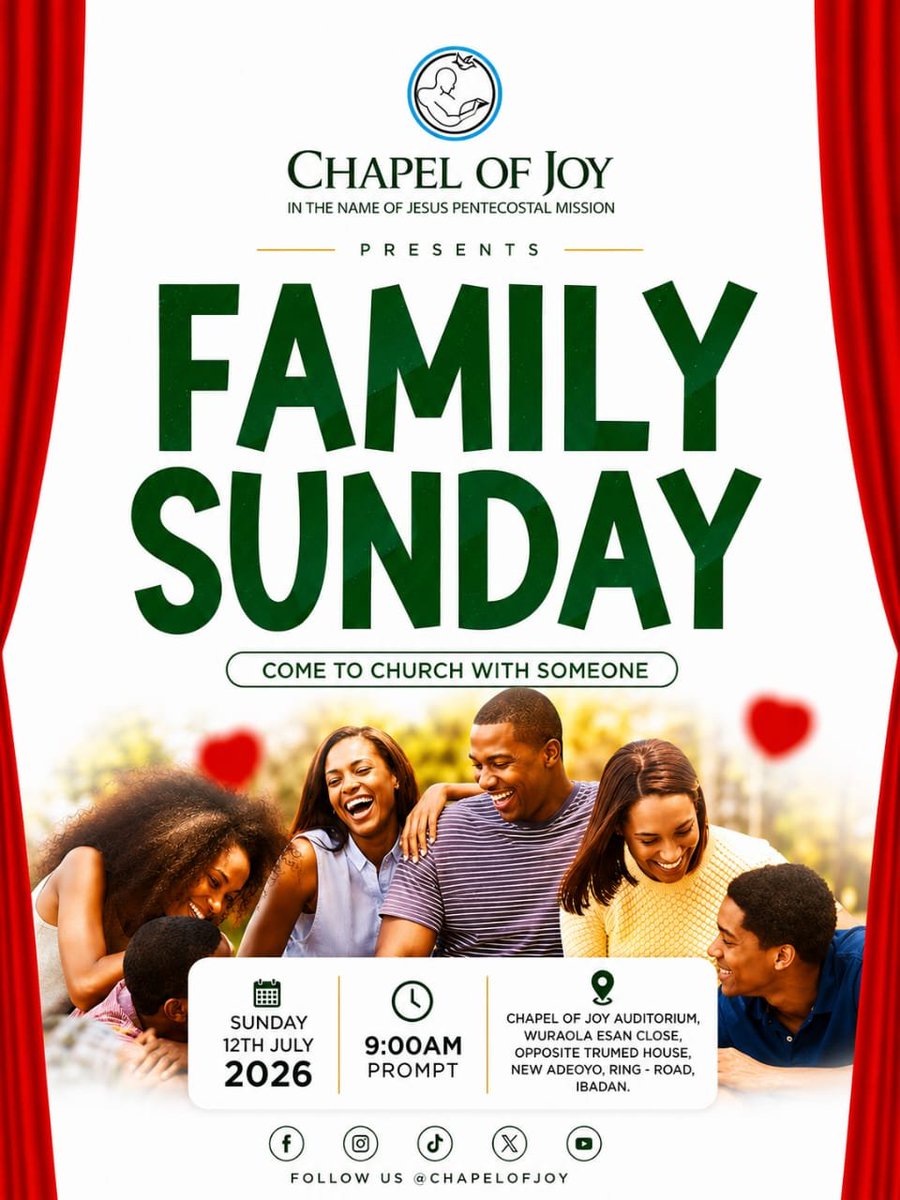 chapelofjoy's tweet photo. This Sunday, join us for our Family Sunday – Open Forum as we discuss "Conflict Management in Marital Relationships." It will be a practical and enriching conversation that speaks to everyday family life.

#family #sunday #orire #chapelofjoy #sundayservice #trending https://t.co/jdVBqLL2FL