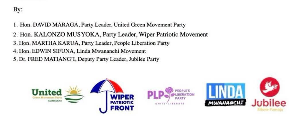 PloSigei's tweet photo. BREAKING NEWS: United Opposition removes Rigathi Gachagua's DCP and Justin Muturi's DP from its list of partner parties.

In their place, two new parties have joined the alliance, David Maraga's  United Green Movement and Linda Mwananchi, represented by Sifuna and Orengo. https://t.co/X4makgUvzU