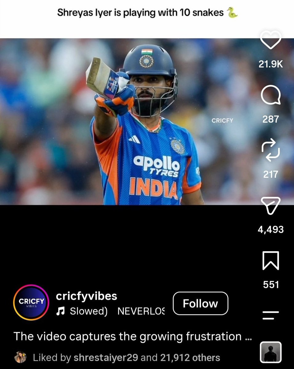 LoyalSachinFan's tweet photo. Shreyas Iyer's sister is doing more harm to him than anyone else right now. Publicly liking posts that call other players "snakes" only fuels unnecessary controversy. https://t.co/OSDQIInYD0