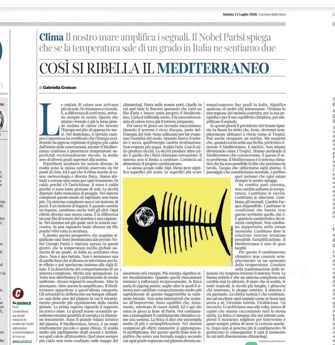 GREISON_ANATOMY's tweet photo. Sul Corriere spiego la frase di Giorgio Parisi “Se la temperatura media del pianeta aumenta di un grado, in Italia ne sentiamo circa due.” con la fisica dei sistemi complessi. E rispondo a La Russa. ⬇️ https://t.co/K6ugSmxRwh