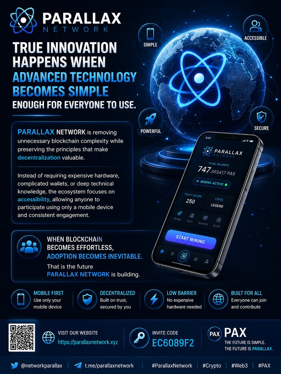 ParallaxNGWeb3's tweet photo. 🌍 True innovation happens when advanced technology becomes simple enough for everyone to use.
PARALLAX NETWORK is removing unnecessary blockchain complexity while preserving the principles that make decentralization valuable. Instead of requiring expensive hardware, complicated wallets, or deep technical knowledge, the ecosystem focuses on accessibility, allowing anyone to participate using only a mobile device and consistent engagement.
When blockchain becomes effortless, adoption becomes inevitable. That is the future PARALLAX NETWORK is building.
📲 https://t.co/IwKYstkQYk⁠�
🔑 Invite Code: EC6089F2
#ParallaxNetwork #Crypto #Web3 #PAX