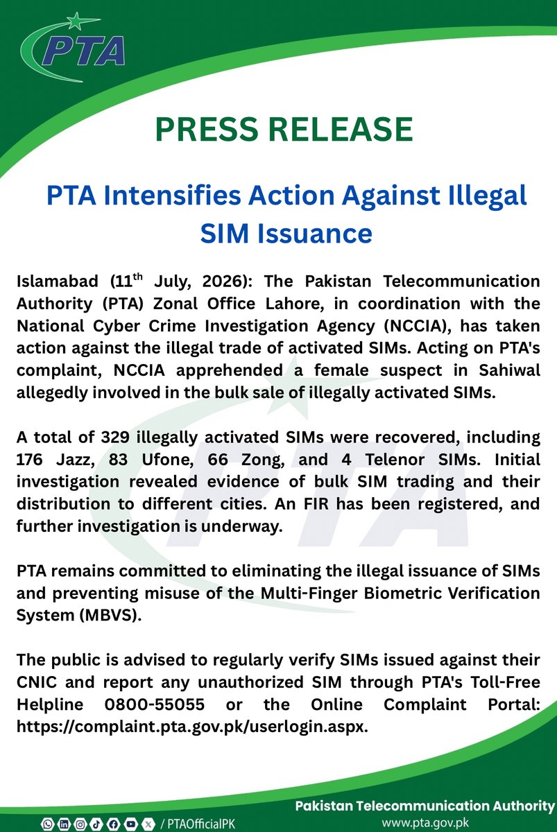 PTAofficialpk's tweet photo. The Pakistan Telecommunication Authority (PTA) Zonal Office Lahore, in coordination with the National Cyber Crime Investigation Agency (NCCIA), has taken action against the illegal trade of activated SIMs. Acting on PTA’s complaint, NCCIA apprehended a female suspect in Sahiwal allegedly involved in the bulk sale of illegally activated SIMs.
A total of 329 illegally activated SIMs were recovered, including 176 Jazz, 83 Ufone, 66 Zong, and 4 Telenor SIMs. Initial investigation revealed evidence of bulk SIM trading and their distribution to different cities. An FIR has been registered, and further investigation is underway.

#PTA #NCCIA #IllegalSIMs #SIMFraud #CyberCrime #DigitalSecurity #TelecomSecurity #StopSIMFraud #CyberSafety #Pakistan #SecurePakistan #FraudPrevention #StaySafe #BreakingNews #LawEnforcement #TrendingNow