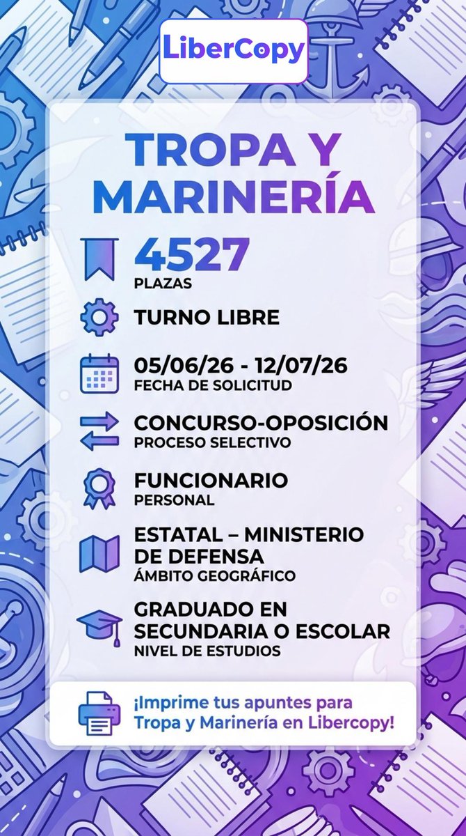 LibercopyOnline's tweet photo. 🪖 ¡Nueva opo de Tropa y Marinería!
🔥 4527 plazas (Turno libre)
🎓 Requisito: ESO
📅 Solicitudes: 05/06/26 - 12/07/26
🖨️ Imprime tu temario al mejor precio:

#Oposiciones #TropaYMarineria #Defensa https://t.co/O0uJOh4SkY