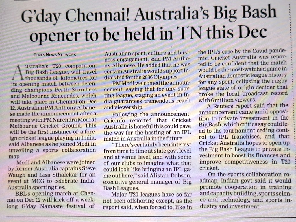Prvnzyy's tweet photo. Can cricket become the next big diplomatic bridge between India and Australia? 🇮🇳🇦🇺
The BBL's Chennai opener suggests the answer may be yes.
#Opinion #IndiaAustralia #SportsDiplomacy #BBL #Cricket #ForeignAffairs #SoftPower #IndoPacific #InternationalRelations https://t.co/3rPV3iAYEv