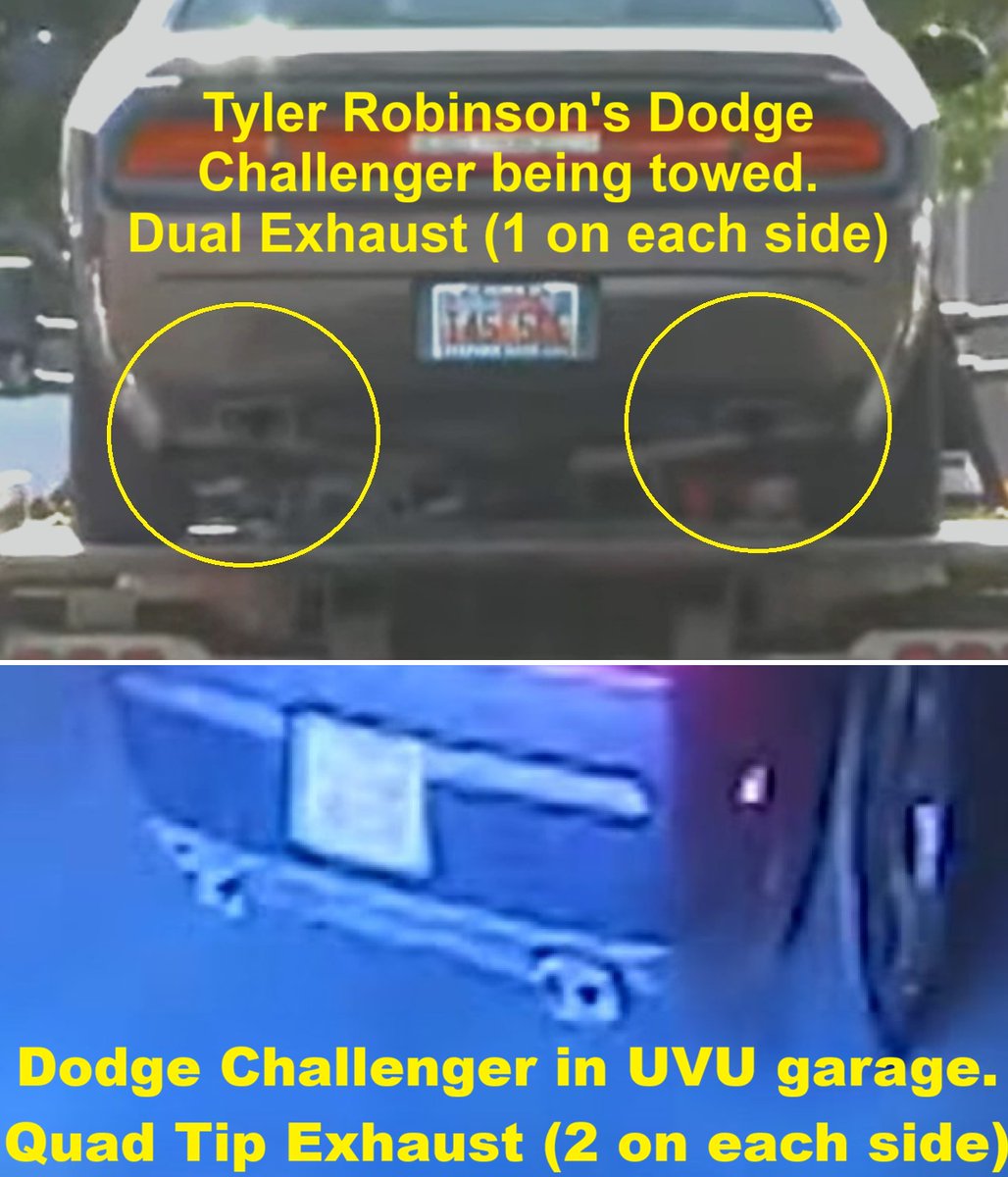 SteveCameronPr1's tweet photo. The State of Utah used video of another Dodge Challenger inside the UVU garage to try to frame Tyler Robinson. The two vehicles are not the same. They have two very different exhaust systems. https://t.co/CxjLYaXwed