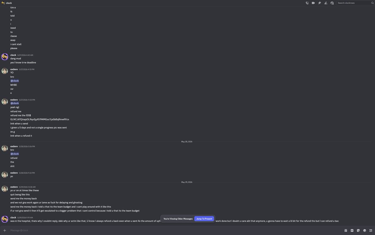 PewPewRBX's tweet photo. DO NOT HIRE @clockrows (SCAMMER)

One of my friends, @ exdevv on Discord, recently hired this fraud and ended up getting completely ghosted. #RobloxDevs #Roblox https://t.co/nSB88fdvcw