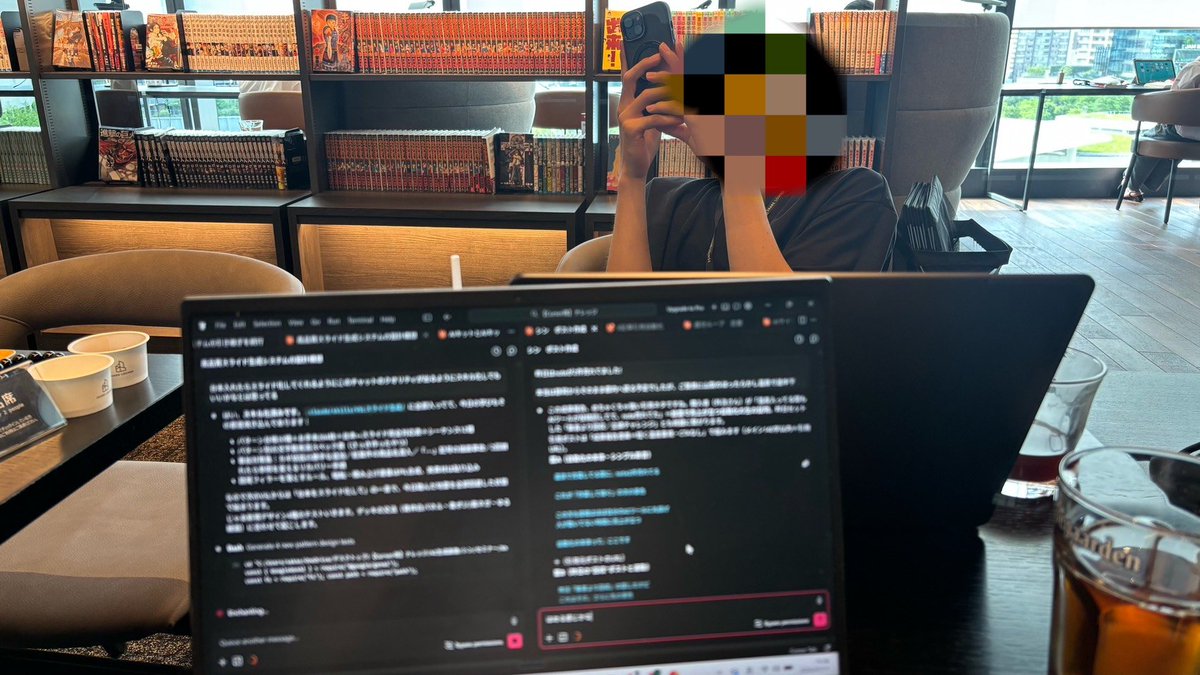 sin_brain1's tweet photo. 山本と作業会してるんですが
来て10分でスマホ触り始めましたｗ

まあ横でClaude Codeが勝手に働いてるんで
こいつがサボっても何も止まらないんですよね

朝からnoteも売れてたみたいでずっとご機嫌です

自分もコツコツ進めてたXの自動化やりますかぁ https://t.co/jdyJbPcP16