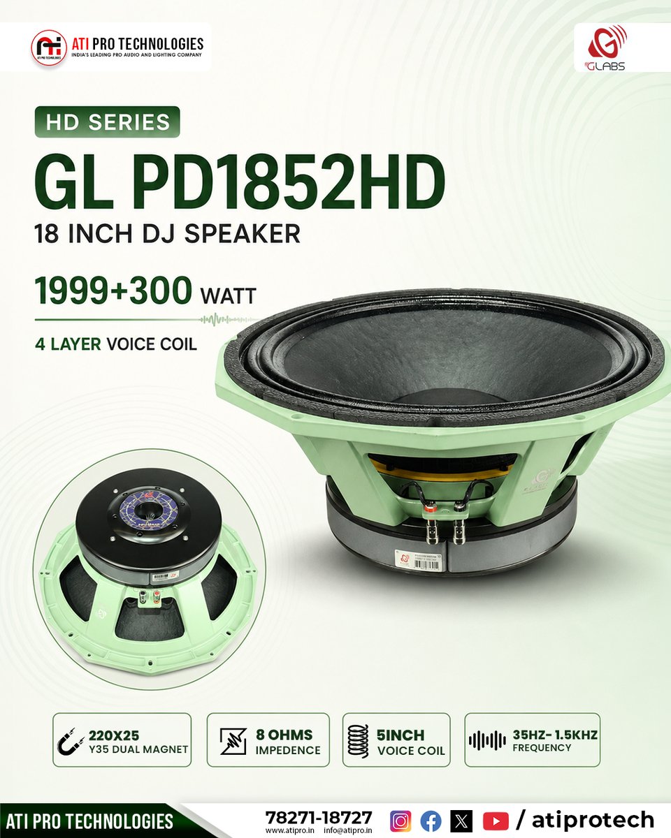 atiprotech's tweet photo. Power. Precision. Performance.
The GLABS GL PD1852HD 18" DJ Speaker delivers:
🔊 1999+300W RMS
🌀 5" 4-Layer Voice Coil
🧲 Y35 Dual Magnet
🎯 8 Ohms
🎵 35Hz–1.5kHz
Built for professionals who demand powerful bass and reliable performance.
#GLABS #ATIPro #GLPD1852HD #DJSpeaker https://t.co/a3pyaRyy1W