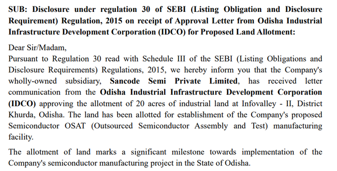OdishaGrowthHub's tweet photo. Sancode Technologies is investing ₹1,650 crore to establish an Outsourced Semiconductor Assembly and Test (OSAT) facility in Khordha, Odisha and received 20 acers of land from @idco_odisha .
Thanks Team @idco_odisha @InvestInOdisha @IND_Odisha for such a speedy approval and allotment! @ushapadhee1996 Thanks Mam.
