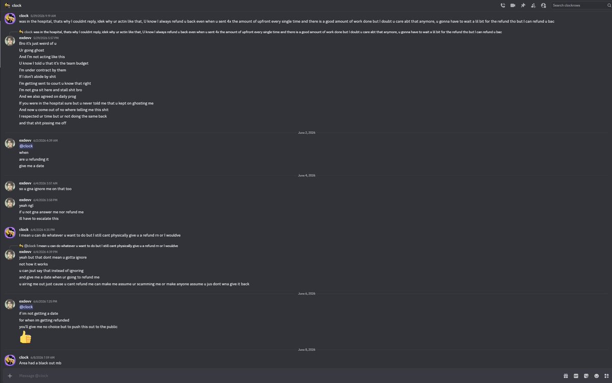 PewPewRBX's tweet photo. DO NOT HIRE @clockrows (SCAMMER)

One of my friends, @ exdevv on Discord, recently hired this fraud and ended up getting completely ghosted. #RobloxDevs #Roblox https://t.co/nSB88fdvcw