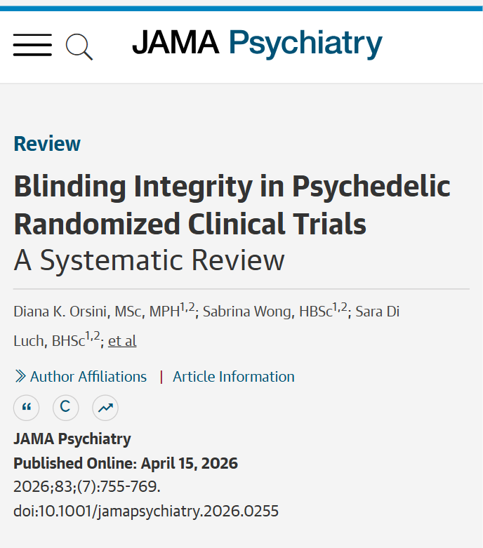 JAMAPsych's tweet photo. 📄JAMA Psychiatry #Review: Functional unblinding was common in most #psychedelic randomized clinical trials for psychiatric disorders, with >70% correctly identifying treatment allocation, raising concerns for trial validity. 

https://t.co/HXeSemFb8l https://t.co/t4XQEKggRT