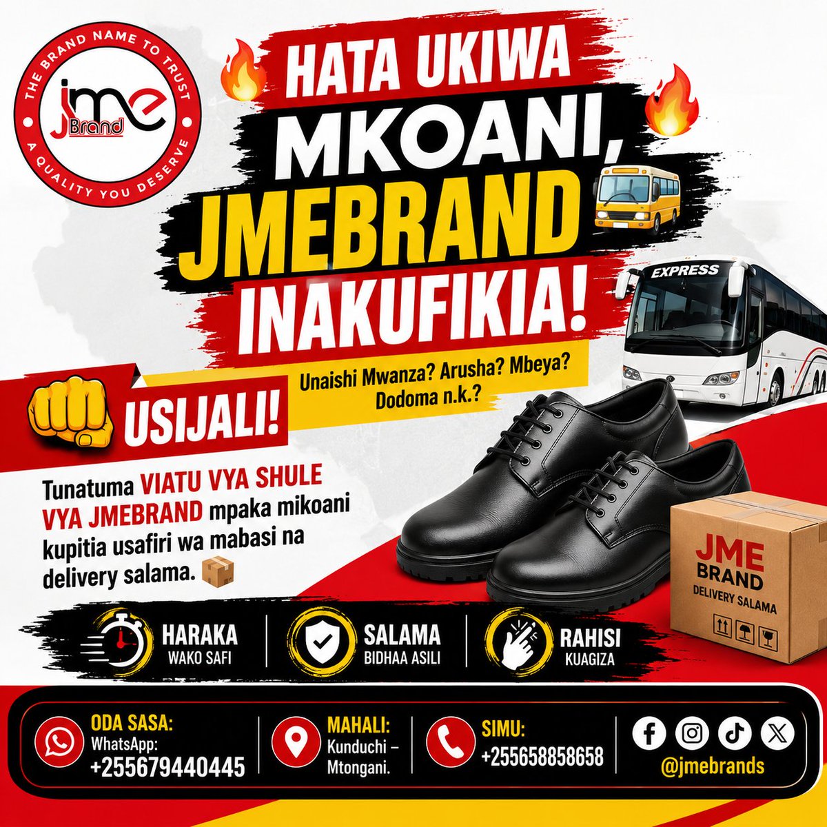 Kilua_Musa's tweet photo. Unahitaji Viatu vya Shule vya Mtoto wako na uko mbali na Dukani kwetu? 🤔🤷
Usijari! 😄🤝. Wasiliana nasi sasa @jmebrands tukupatie Viatu vizuri na imara vya Shule ambavyo vitampendezesha Mtoto wako Shuleni wakati wote na vinavyodumu kwa muda. #jmebrands #madeintanzania🇹🇿 #viral https://t.co/tgjKth4JYg