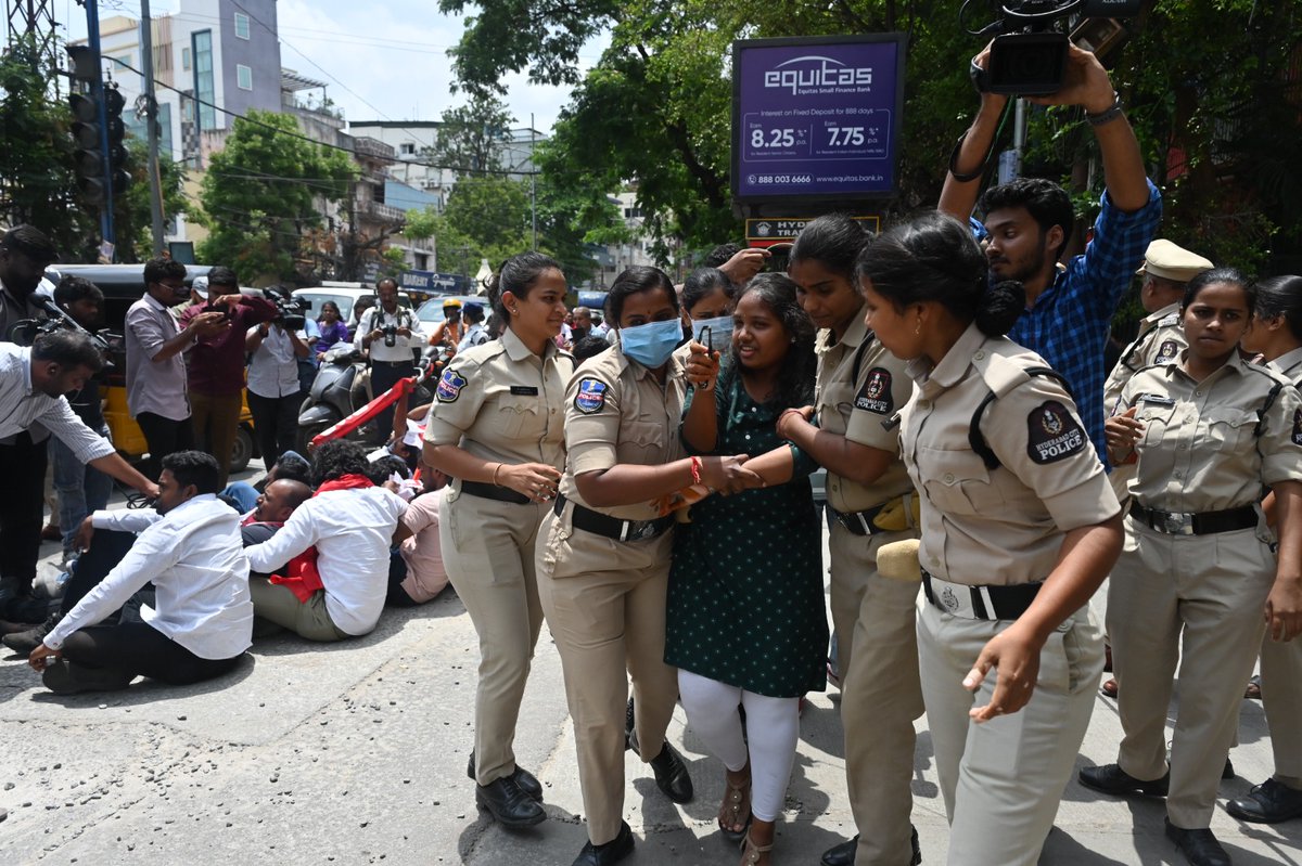 TheSouthfirst's tweet photo. #Telangana: Student union leaders in a press release on Friday announced that the statewide shutdown of educational institutions, organized to protest the #Congress government's stance— which has pushed the state's education sector into a severe crisis— was successful.

"Students across the state participated in the shutdown in large numbers following a call by organizations including SFI, AISF, PDSU, AIDSO, AIFDS, AISB, and AIPSU."

During the event, student union leaders and activists laid siege to the state ministers' residential complex in Hyderabad. A scuffle ensued when the police obstructed the students who were protesting peacefully. Leaders alleged that the police assaulted several students with punches and arrested them forcibly. 

They criticized the use of coercive measures against students who were seeking a democratic resolution to their issues, stating that such actions reflect the government's attitude towards democracy.

They pointed out that although the Congress government has been in power for nearly two years, the failure to appoint a full-time Education Minister reveals the government's negligence towards the education sector. They noted that the lack of leadership in the Education Department has left government schools and colleges struggling with numerous problems.

They criticized the government for indirectly paving the way for the merger and closure of government schools under the guise of 'Young India Schools' and 'International Schools.' They expressed concern that the government—which ought to be strengthening public education—is instead adopting policies that jeopardize the very existence of government schools.

They further alleged that the Congress government is hindering the higher education of thousands of poor students by failing to release scholarship funds and fee reimbursement arrears amounting to approximately ₹10,814 crore, which have been pending for six years. They stated that the Congress government, which speaks of social justice, has jeopardized the education of poor students.