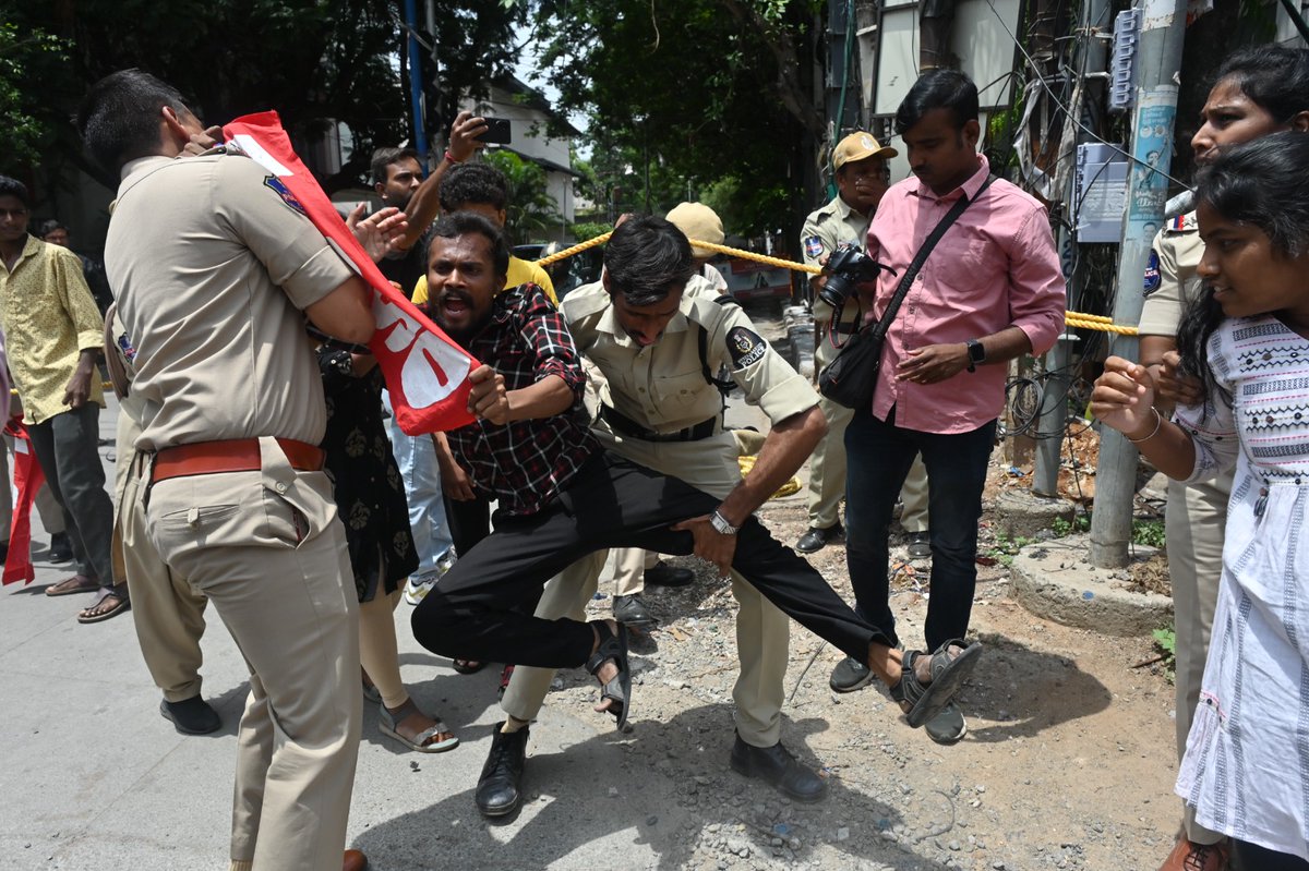 TheSouthfirst's tweet photo. #Telangana: Student union leaders in a press release on Friday announced that the statewide shutdown of educational institutions, organized to protest the #Congress government's stance— which has pushed the state's education sector into a severe crisis— was successful.

"Students across the state participated in the shutdown in large numbers following a call by organizations including SFI, AISF, PDSU, AIDSO, AIFDS, AISB, and AIPSU."

During the event, student union leaders and activists laid siege to the state ministers' residential complex in Hyderabad. A scuffle ensued when the police obstructed the students who were protesting peacefully. Leaders alleged that the police assaulted several students with punches and arrested them forcibly. 

They criticized the use of coercive measures against students who were seeking a democratic resolution to their issues, stating that such actions reflect the government's attitude towards democracy.

They pointed out that although the Congress government has been in power for nearly two years, the failure to appoint a full-time Education Minister reveals the government's negligence towards the education sector. They noted that the lack of leadership in the Education Department has left government schools and colleges struggling with numerous problems.

They criticized the government for indirectly paving the way for the merger and closure of government schools under the guise of 'Young India Schools' and 'International Schools.' They expressed concern that the government—which ought to be strengthening public education—is instead adopting policies that jeopardize the very existence of government schools.

They further alleged that the Congress government is hindering the higher education of thousands of poor students by failing to release scholarship funds and fee reimbursement arrears amounting to approximately ₹10,814 crore, which have been pending for six years. They stated that the Congress government, which speaks of social justice, has jeopardized the education of poor students.