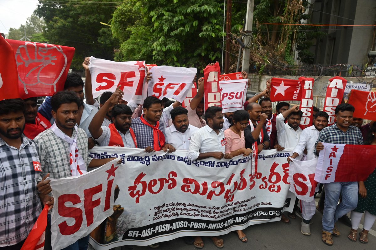 TheSouthfirst's tweet photo. #Telangana: Student union leaders in a press release on Friday announced that the statewide shutdown of educational institutions, organized to protest the #Congress government's stance— which has pushed the state's education sector into a severe crisis— was successful.

"Students across the state participated in the shutdown in large numbers following a call by organizations including SFI, AISF, PDSU, AIDSO, AIFDS, AISB, and AIPSU."

During the event, student union leaders and activists laid siege to the state ministers' residential complex in Hyderabad. A scuffle ensued when the police obstructed the students who were protesting peacefully. Leaders alleged that the police assaulted several students with punches and arrested them forcibly. 

They criticized the use of coercive measures against students who were seeking a democratic resolution to their issues, stating that such actions reflect the government's attitude towards democracy.

They pointed out that although the Congress government has been in power for nearly two years, the failure to appoint a full-time Education Minister reveals the government's negligence towards the education sector. They noted that the lack of leadership in the Education Department has left government schools and colleges struggling with numerous problems.

They criticized the government for indirectly paving the way for the merger and closure of government schools under the guise of 'Young India Schools' and 'International Schools.' They expressed concern that the government—which ought to be strengthening public education—is instead adopting policies that jeopardize the very existence of government schools.

They further alleged that the Congress government is hindering the higher education of thousands of poor students by failing to release scholarship funds and fee reimbursement arrears amounting to approximately ₹10,814 crore, which have been pending for six years. They stated that the Congress government, which speaks of social justice, has jeopardized the education of poor students.