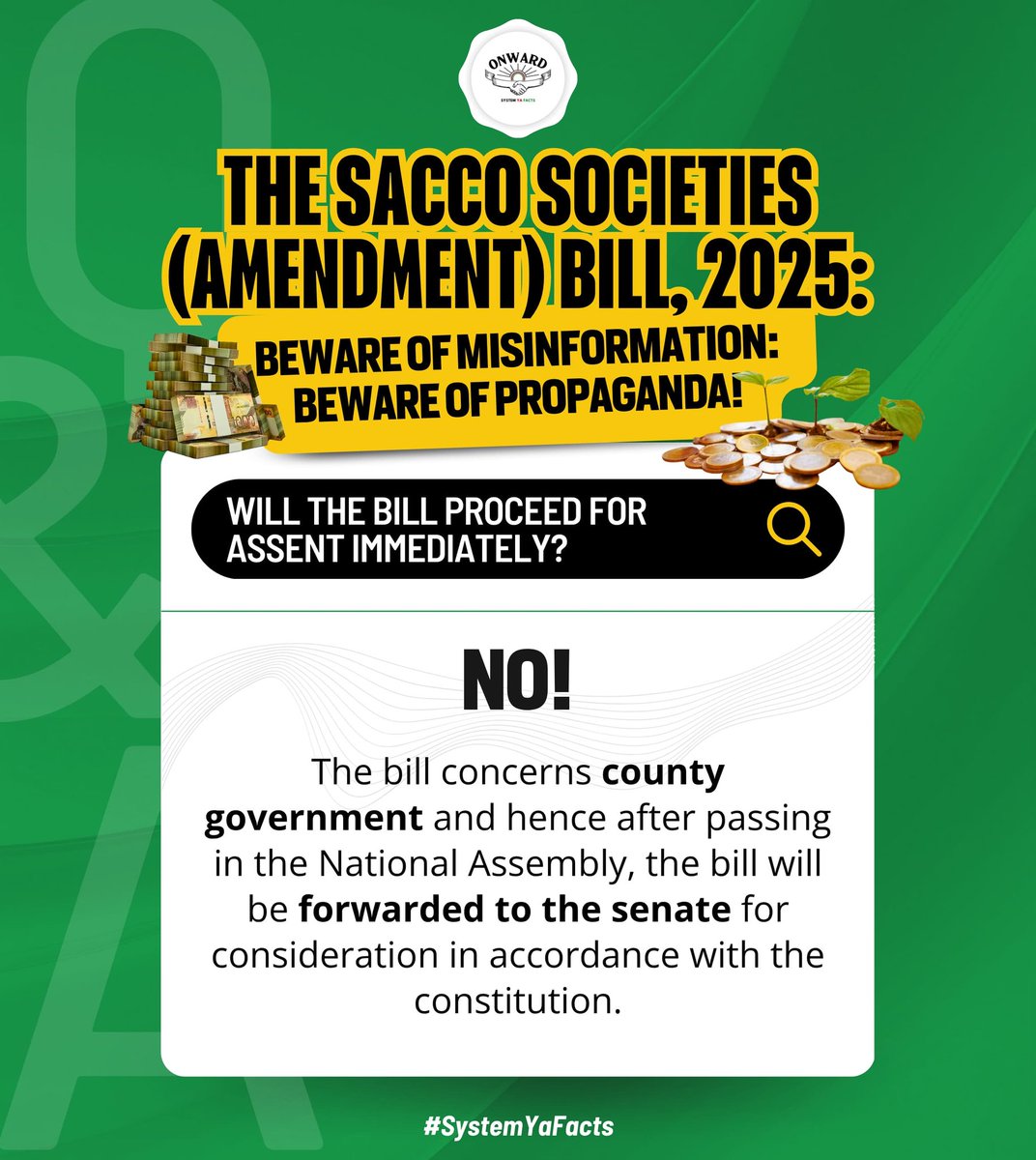 TweetsByKui's tweet photo. Reject Propaganda because the Sacco Societies Amendment Bill 2025 will not proceed directly for assent.

After passing the National Assembly, it must be considered by the Senate as required by the Constitution. #SACCOsBillFacts https://t.co/ezPrYKNrwp