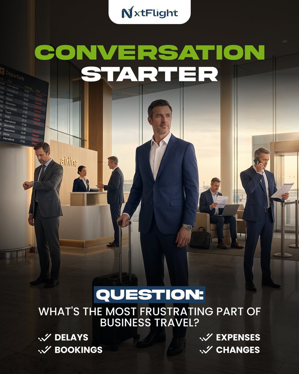 nxtflight's tweet photo. Business travel challenges look different for every company. What's the biggest frustration for your team?
 Drop your answer below 👇

#NXTFlight #CorporateTravel #BusinessTravel #TravelManagement #TravelTech https://t.co/EXwSZVtTmG