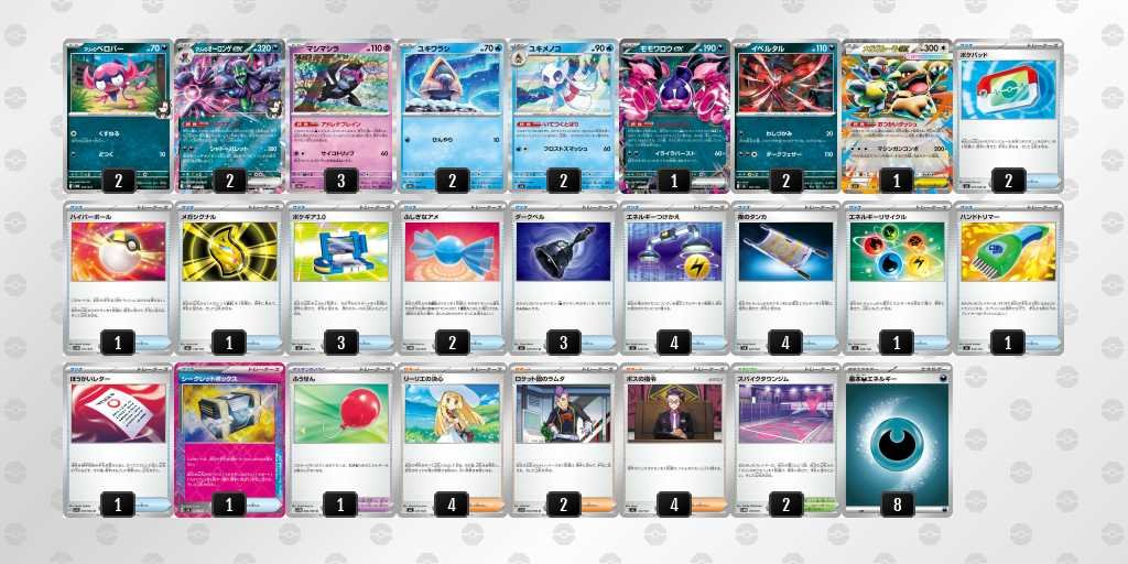 pokekameshi's tweet photo. 🔥大会注目デッキ

🏆ジムバトル(16名)：優勝

🔹デッキ：オーロンゲ
👤じゅん選手：@Jun_pokeca
📜コード：y2XpXM-LrK8yj-yMEypR

#ポケカ飯ピックアップ

📝デッキメモ
メノコマシラ軸のマリィのオーロンゲデッキ。

ボスの指令4枚に加え、イベルタルとダークベルの採用が特徴で、相手を縛りながらコインを要求できる構成。

オーロンゲの特性「パンプアップ」で山札から大量につけたエネルギーを、4枚採用のエネルギーつけかえでマシマシラやイベルタルへ供給できる点もポイント。

ぼうがいレターやハンドトリマーなど、めずらしいカードの採用も光る。

🔗まとめ
https://t.co/bZuuF29PM8