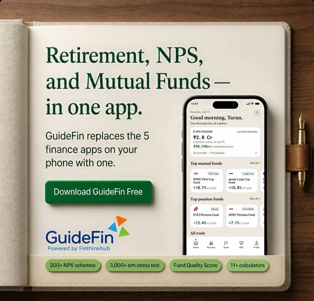Finthinkhub's tweet photo. One app for your complete financial planning. GuideFin combines retirement planning, NPS, mutual funds, calculators, and investment tools into a single app.

No more switching between multiple finance apps.

Download GuideFin and manage your financial future from one place.
https://t.co/lTTgAGUP3H

#GuideFin #Finthinkhub #PersonalFinance #NPS #MutualFunds