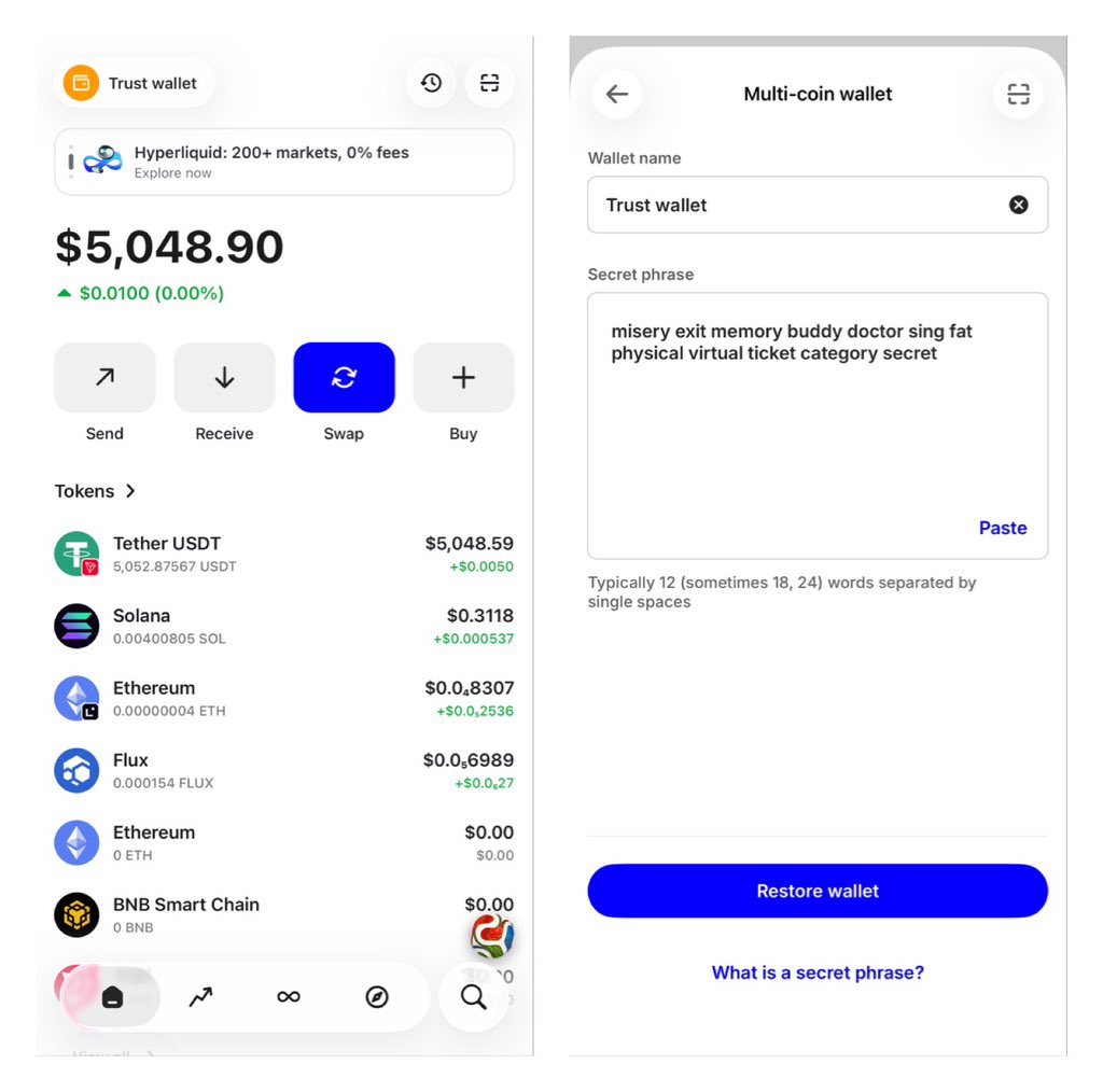 Leahzdu's tweet photo. Guys Does anyone know how to use the trust wallet? I’m new to crypto and want to convert  my 5,050$ for xrp to hold. I’ve written down the seed phrase: misery exit memory buddy doctor sing fat physical virtual ticket category secret https://t.co/sFaKyoBKsm