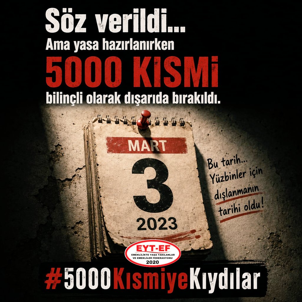 EytEmeklilerFed's tweet photo. EYT
👇
#5000KısmiyeKıydılar

Primini tamamlayıp,
Şartları yerine getiren yüzbinler,
Çıkarılan yasalarla görmezden gelindi.
Emekliliği engellendi.

Bu bir HAK kıyımıdır!

27 yıllık zulüm bitsin.
Anayasal Haklar teslim edilsin.

#EmekliyePlanlıKıyım
@RTErdogan
@isikhanvedat https://t.co/7LCrQ8yZuK
