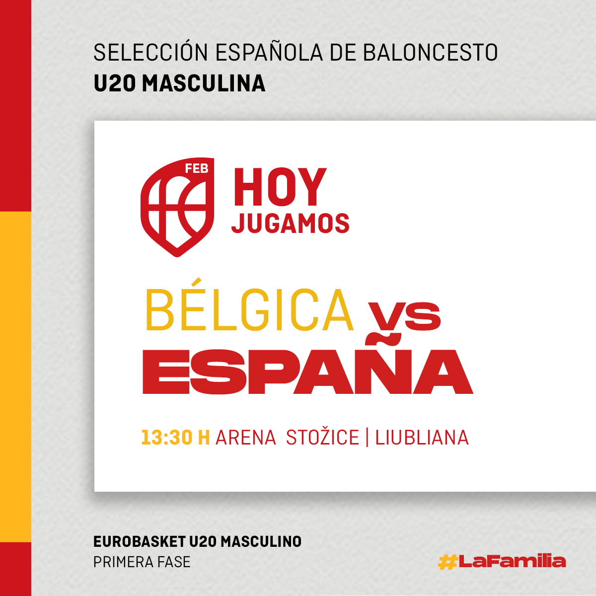 BaloncestoESP's tweet photo. La #U20M 🇪🇸 𝗗𝗘𝗕𝗨𝗧𝗔 en el EuroBasket de Eslovenia ante un rival peligroso 👀

🏆 #U20EuroBasket 
🇧🇪🆚🇪🇸
⏰ 13:30 h
📌 Liubliana 🇸🇮
📺 https://t.co/SciDYT6gHV

##SomosEquipo https://t.co/H2kIYYPiRo