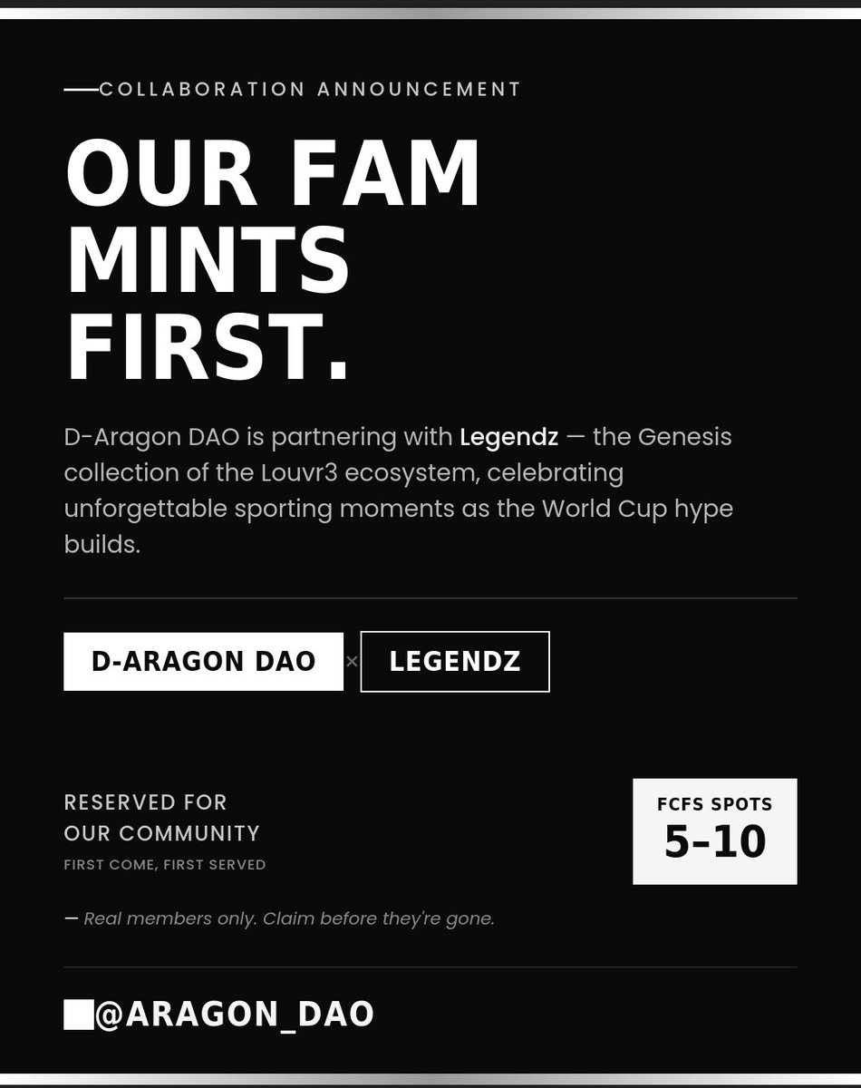 ARAGON_DAO's tweet photo. 🚨 Collaboration Announcement 🚨

We are partnering with Legendz — the Genesis collection of the Louvr3 ecosystem.

If you're active in this community, this is for you. Comment or DM to claim your spot before they're gone.

Follow both accounts 
@Louvr3_NFTs × @ARAGON_DAO https://t.co/hFYYuoFZ7j
