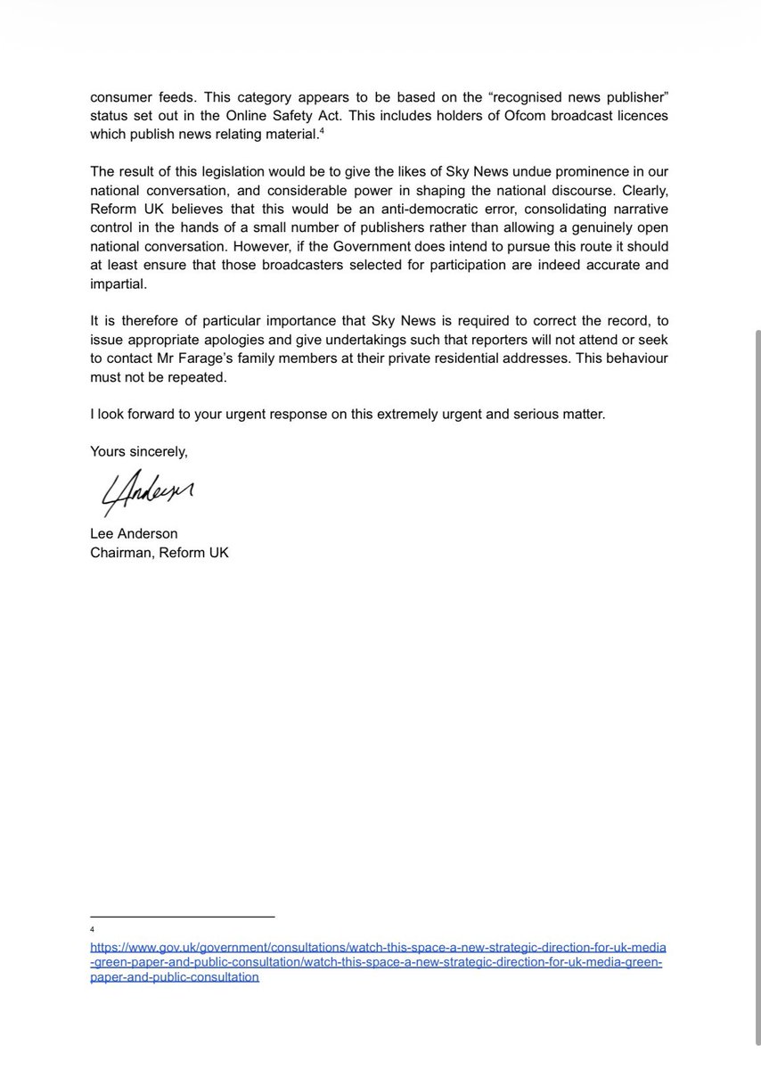 reformparty_uk's tweet photo. Sky News’ treatment of Nigel Farage’s family was appalling and a clear breach of the Broadcasting Code.

Read Lee Anderson’s letter to the Chief Executive of OfCom. 👇 https://t.co/0EpvNIDUko