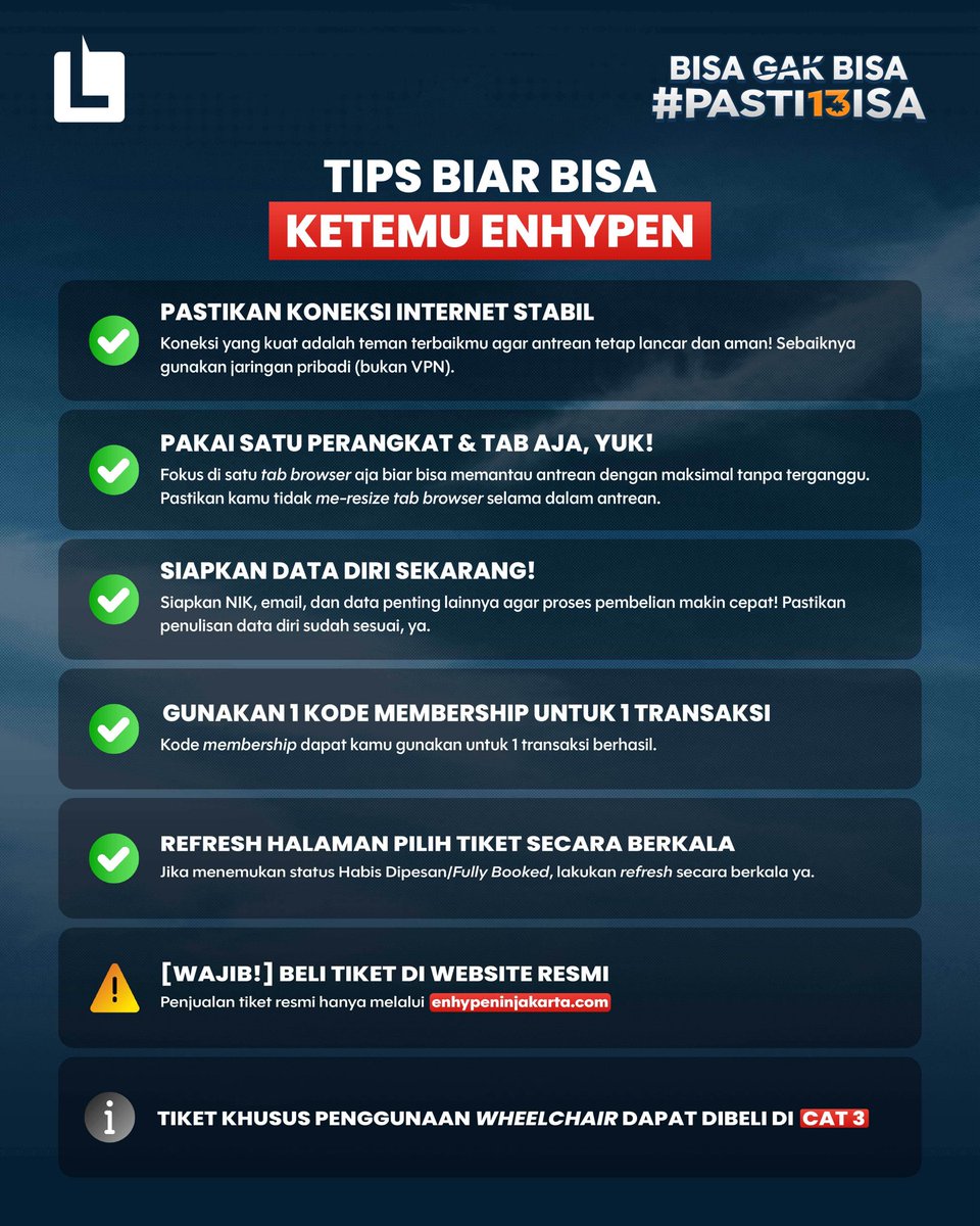 loketcom's tweet photo. Jangan lupa siapin kode membership kamu ya, ENGENE 👏 Pembelian tiket hanya di https://t.co/vF0N0gXuAE 🎟️
#LOKET #Loketcom #ENHYPENinJakarta https://t.co/43vAd9B1R1