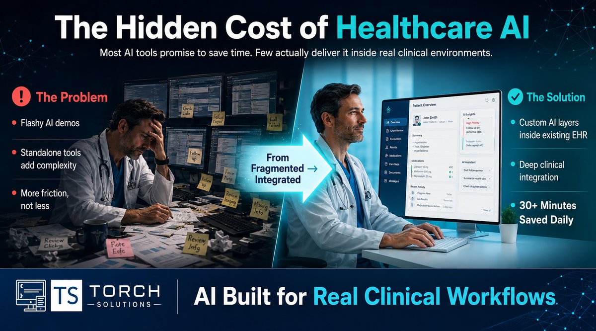 torch_solutions's tweet photo. The Hidden Cost of Healthcare AI.

Most AI tools promise to save time.
Few actually deliver it inside real clinical environments.
The difference? Integration.
While many solutions sit on top of your EHR, we build custom AI layers that work inside your existing systems turning fragmented documentation into structured, accurate clinical notes.
The outcome:
30+ minutes returned to patient care every day not just in theory, but in daily practice.
This isn’t another flashy demo.
It’s AI designed for the realities of modern healthcare.