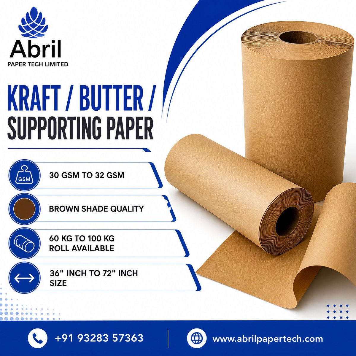 abrilpaper's tweet photo. 🟤 KRAFT / BUTTER / SUPPORTING PAPER

Looking for reliable Supporting Paper for your heat transfer process? We supply high-quality Brown Shade Kraft/Butter Paper designed to protect your Fusing Felt from ink transfer, ensuring cleaner production and longer felt life.

✅ 30 GSM – 32 GSM Quality
✅ Brown Shade Paper
✅ Roll Weight: 60 KG to 100 KG
✅ Widths Available: 36" to 72"
✅ Smooth Winding & Consistent Quality
✅ Ideal for Heat Transfer Printing Process
✅ Protects Fusing Felt from Ink Color Stains

🚚 Fast Supply Across India

📞 +91 - 9328357363
🌐 https://t.co/3MyVPodiwv
📩 sales@abrilpapertech.com

Abril Paper Tech Limited
Your Trusted Partner for Premium Heat Transfer Paper Solutions.

#SupportingPaper 
#KraftPaper 
#ButterPaper 
#HeatTransferPaper 
#rotaryheatpress