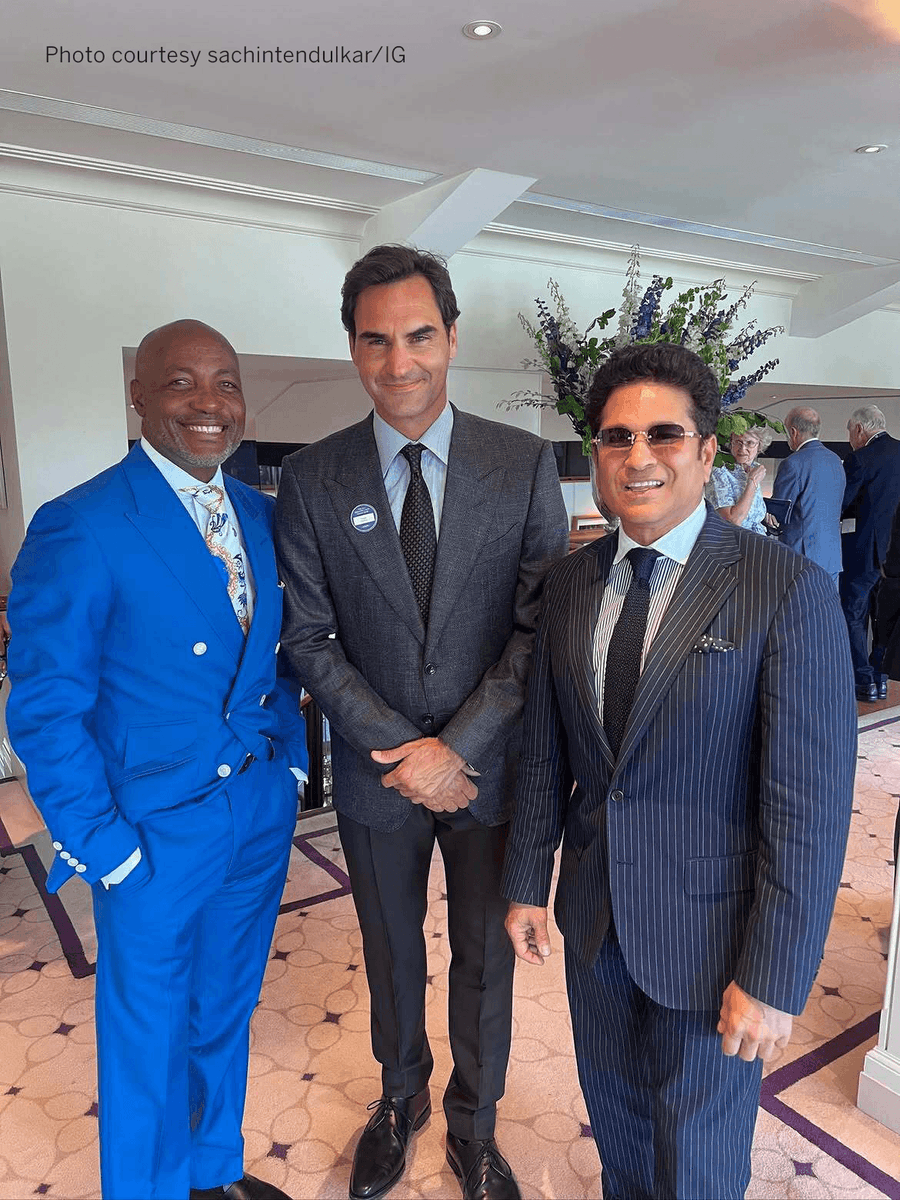cricinfo's tweet photo. Just a few GOATs grazing around at Wimbledon 🐐🎾🏏

(Photo courtesy sachintendulkar/IG) https://t.co/gVs1ECIwWe