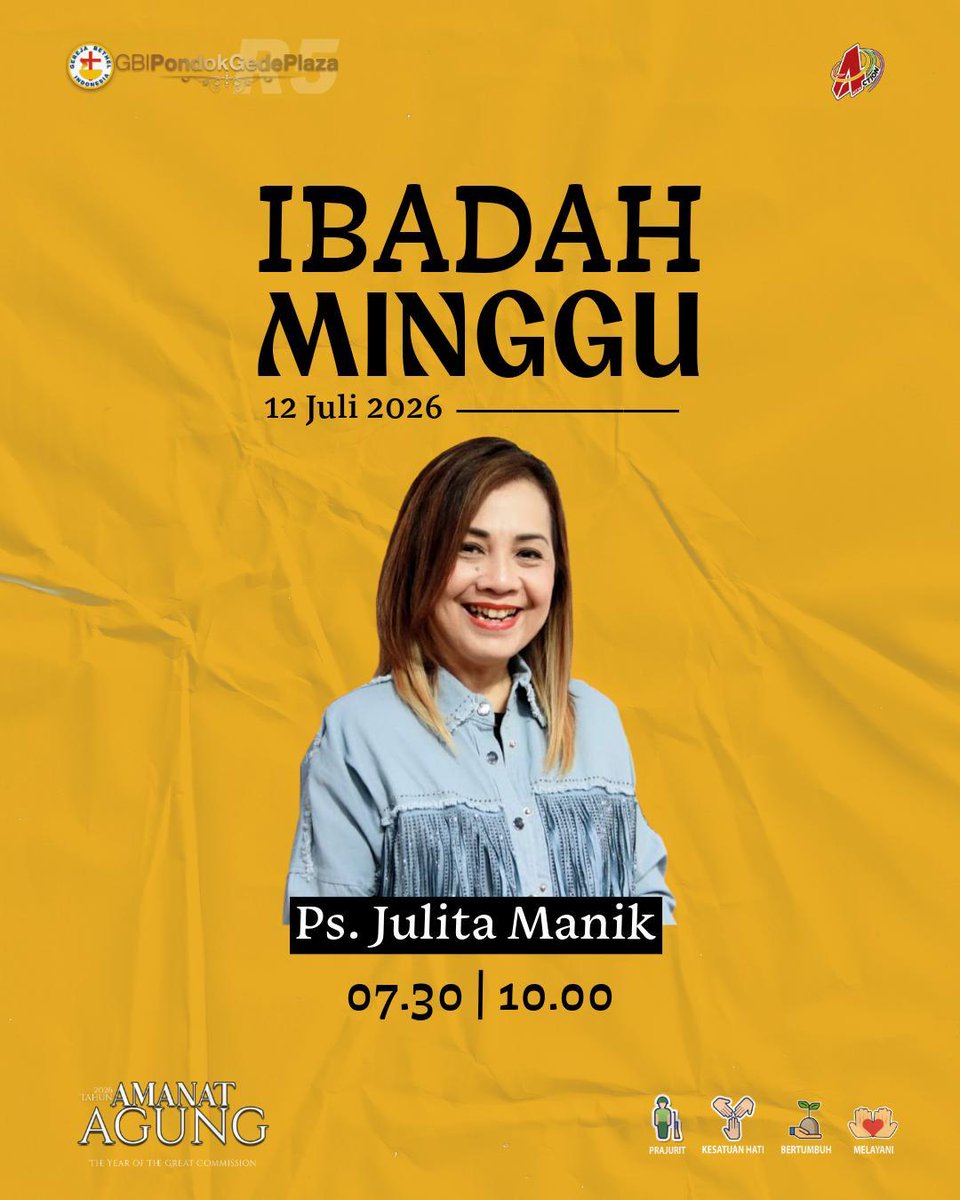 gbipondokgede's tweet photo. Info Pastoral
Ibadah Minggu - 12 Juli 2026 jam 07.30 (live streaming) | 10.00 bersama Ps. Julita Manik
Setiap ibadah disertai dengan PoKids (ibadah anak)
#4ction
#TheYearOfTheGreatCommission
#TahunAmanatAgung https://t.co/Lsvm7cooKy