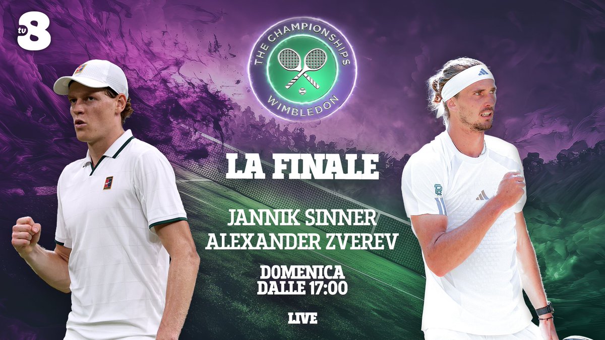 TV8it's tweet photo. Il momento che tutti aspettavano è arrivato 🎾 Domani dalle 17:00 LIVE su Tv8 non perdetevi la finale del torneo singolare maschile di Wimbledon, con Jannik Sinner e Alexander Zverev a contendersi il titolo 🏆 https://t.co/ix7oCvjGrA